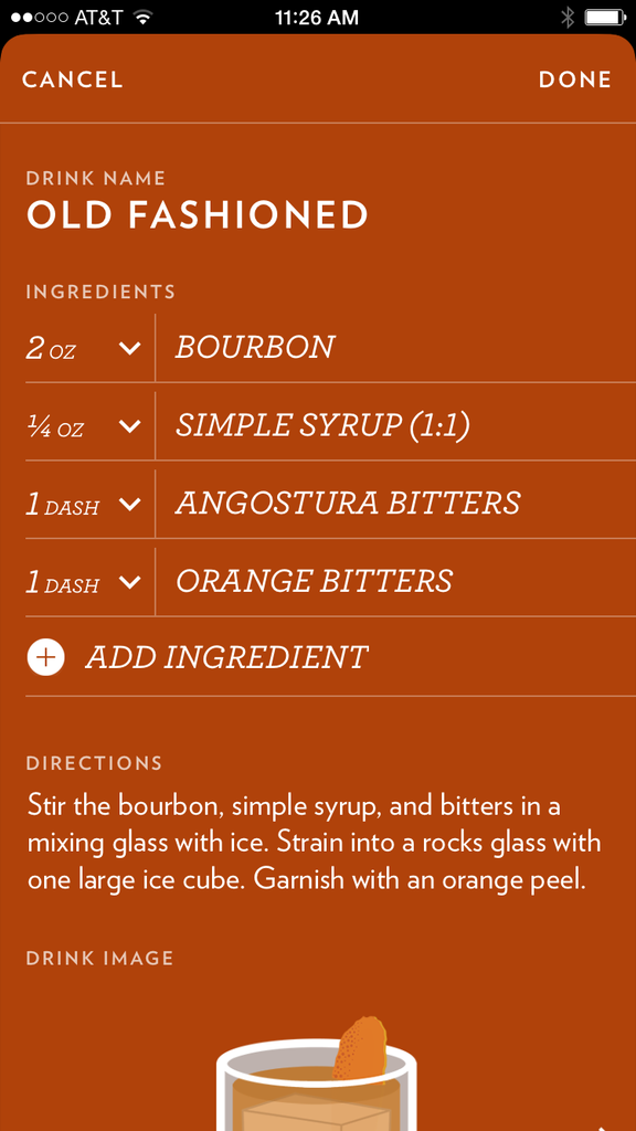 Edit the ingredients, description, and custom drink image.